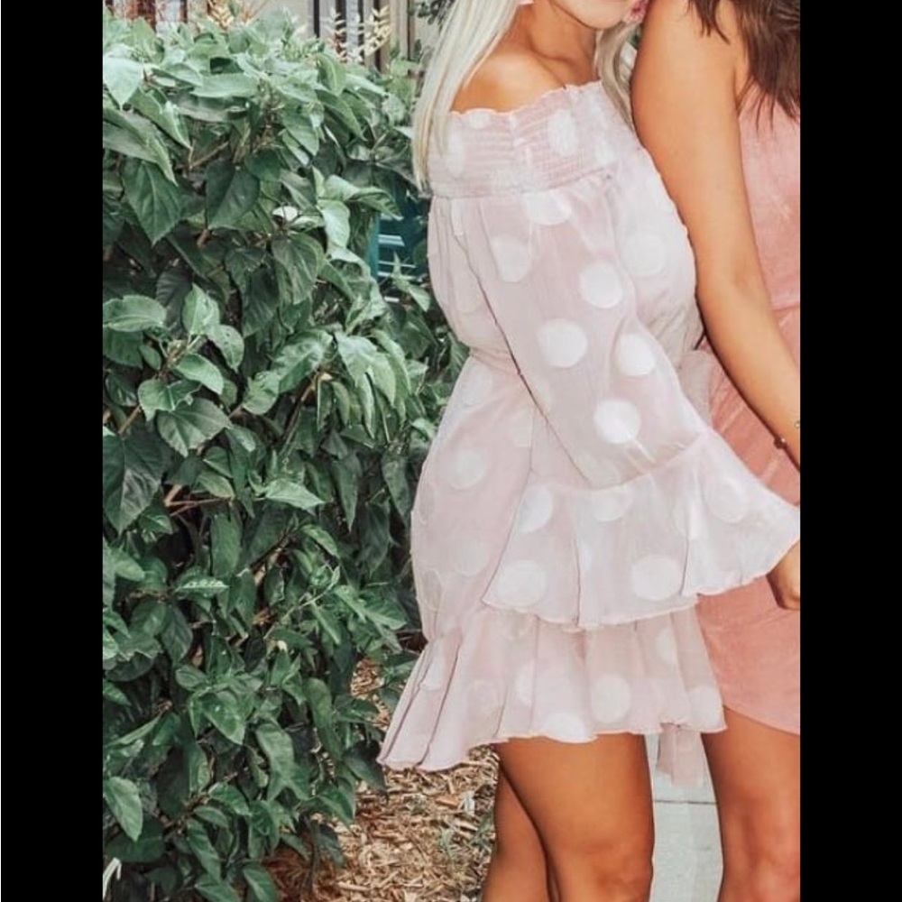 Pale Pink off the shoulder polka dot dress